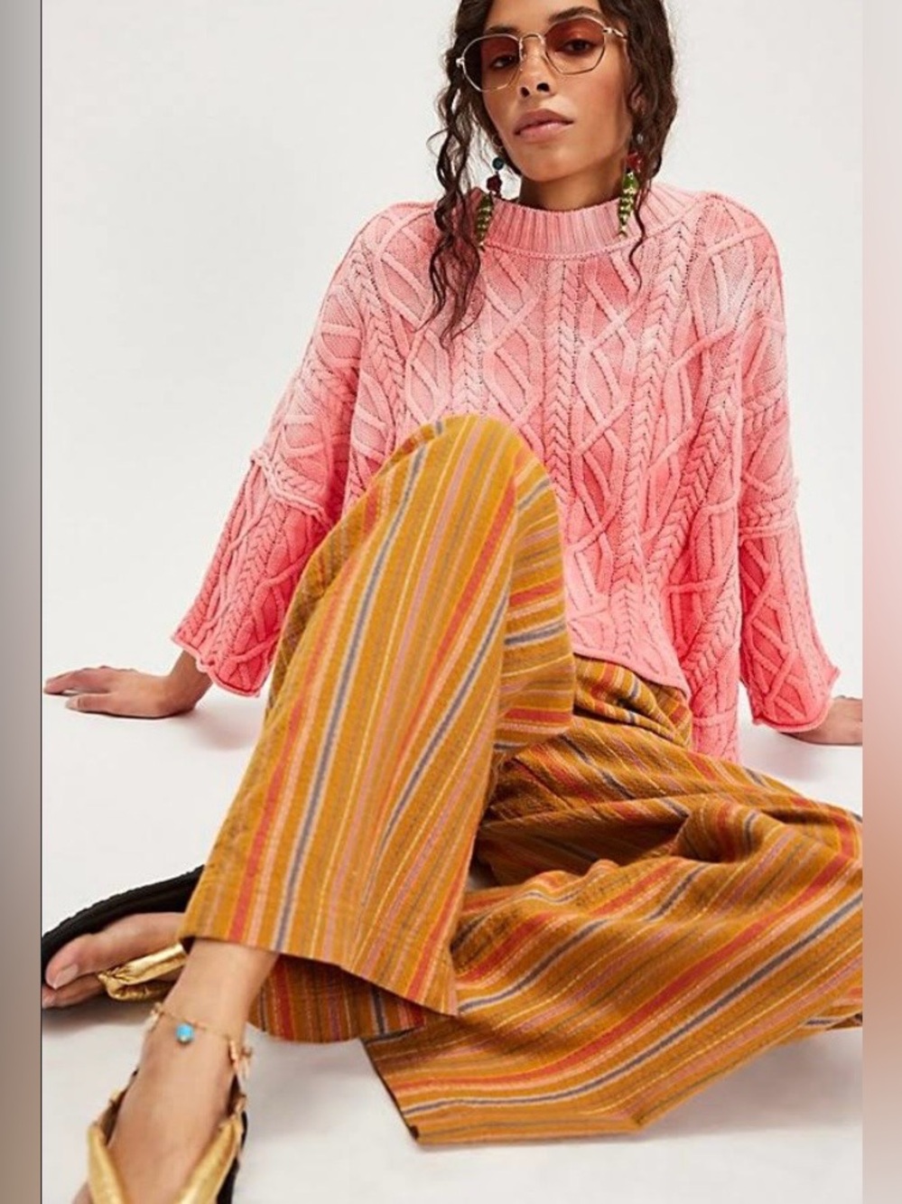 NWT Free People XS Washed Ashore Cable Knit Sweater in Pink Rose New Oversized - Picture 4 of 5